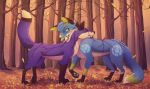  adelar_elric autumn blue_body blue_eyes blue_fur blue_pawpads canid canine digital_media_(artwork) duo embrace falling_leaves feral fox fur hair happy hi_res male mammal markings pawpads purple_body purple_fur smile tree 