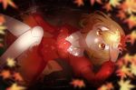  1girl aki_shizuha ametama_(runarunaruta5656) autumn autumn_leaves bangs blonde_hair closed_mouth dress eyebrows_visible_through_hair hair_ornament highres leaf_hair_ornament light_blush lying red_dress short_dress short_hair smile solo touhou yellow_eyes 