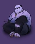  2020 absurd_res anthro black_body black_fur bottomwear clothing fur giant_panda hi_res lentejota6 male mammal overweight overweight_anthro overweight_male shirt shorts simple_background sitting solo topwear ursid white_body white_fur 