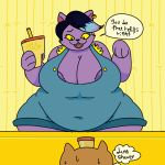  absurd_res ambiguous_gender anthro areola areola_slip belly belly_overhang big_breasts black_hair blue_highlights bodily_fluids breasts brown_body brown_fur burgerpants casual_exposure catty_(undertale) cl0wn_meat cleavage clothed clothing counter cup dialogue domestic_cat duo ear_piercing ear_ring english_text fangs felid feline felis female female_focus front_view fur hair hat headgear headwear hi_res highlights_(coloring) holding_cup holding_object huge_breasts huge_hips inside looking_down male_(lore) mammal navel_outline obese obese_anthro obese_female oblivious open_mouth open_smile overalls overweight overweight_anthro overweight_female partially_clothed piercing pupils purple_body purple_fur purple_highlights rear_view short_hair slit_pupils smile solo_focus speech_bubble sweat sweatdrop text thick_thighs thought_bubble undertale video_games wide_hips yellow_sclera 