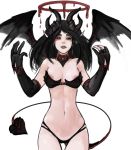  areola armwear bikini black_hair blood bodily_fluids breasts camel_toe clothed clothing collar demon elbow_gloves fangs female gloves hair halo handwear hi_res horn humanoid humanoid_pointy_ears long_hair looking_at_viewer medium_breasts navel red_eyes simple_background skimpy solo spade_tail standing swimwear syvaron wings 