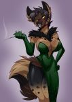  2019 5_fingers anthro armwear big_breasts black_body black_fur black_hair black_nose black_spots breasts brown_body brown_fur charo_corduroy chest_tuft cigarette claws cleavage clothed clothing curvaceous curvy_figure dreaj1 dress elbow_gloves female fingers fur gloves green_clothing green_dress hair hand_on_hip handwear hi_res hip_tuft hyaenid looking_at_viewer mammal multicolored_body multicolored_fur multicolored_tail neck_tuft ruff sagestrike2_(artist) seductive simple_background smile smoke solo sparkles sparkly_dress spots spotted_body spotted_fur spotted_hyena standing strapless_clothing strapless_dress tuft two_tone_body two_tone_fur voluptuous wide_hips yellow_eyes 