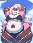  alia_(character) anthro belly bikini breasts brown_body brown_fur clothed clothing cloud female fur giant_panda green_eyes hair hands_behind_head long_hair looking_at_viewer mammal nekocrispy obese obese_anthro obese_female open_mouth outside overweight overweight_anthro overweight_female pink_hair signature sky smile solo swimwear ursid white_body white_fur 