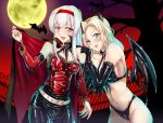  2girls bat bat_wings bdsm belt bikini black_bikini black_cape black_gloves black_pants blonde_hair blue_eyes bondage_outfit breasts cape capelet cloak cowboy_shot demon_horns demon_tail demon_wings dominatrix elbow_gloves fangs full_moon gloves gradient_sky hairband halloween hornet_(kantai_collection) horns kantai_collection large_breasts long_hair looking_at_viewer moon multiple_girls night night_sky pants parazan_d red_eyes red_hairband red_tank_top shoukaku_(kantai_collection) sky swimsuit tail tank_top tree white_belt white_hair wings 