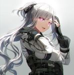  1girl ak-12_(girls_frontline) bangs black_ribbon blush braid breasts closed_eyes french_braid girls_frontline gloves hands_up jacket large_breasts long_hair long_sleeves looking_at_viewer partially_fingerless_gloves purple_eyes ribbon sidelocks silence_girl silver_hair smile solo strap unzipped very_long_hair 