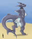  ambiguous_gender anthro azserfy beach breasts butt choker digitigrade duo ear_piercing female fin fish hi_res human jewelry macro mammal marine micro necklace piercing seaside shark simple_background size_difference snout thick_thighs 