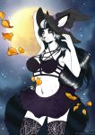  2020 5_fingers anthro black_hair breasts brown_eyes clothed clothing detailed_background digital_media_(artwork) domestic_cat eyebrows eyelashes felid feline felis female fingers hair hi_res himeragoldtail mammal midriff moon navel night outside sky star starry_sky 