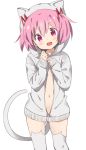 1girl :d alternate_costume animal_ears breasts cat_ears cat_tail clothes_grab dot_nose eyebrows_visible_through_hair eyes_visible_through_hair fake_animal_ears grey_hoodie grey_legwear hair_between_eyes hair_ribbon hands_together happy head_tilt highres hood hood_up hoodie jewelry kaname_madoka legs_apart light_blush looking_at_viewer mahou_shoujo_madoka_magica navel open_mouth partially_unzipped pink_eyes pink_hair red_ribbon revealing_clothes ribbon ring shiny shiny_hair shiny_skin short_twintails simple_background sleeves_past_wrists small_breasts smile solo standing stomach tail thighhighs thighs tsubaki_(tatajd) twintails underboob upper_body white_background 