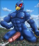  2020 absurd_res anthro avian bird bodily_fluids city cloud cum destruction falco_lombardi genital_fluids gigatiger0 hi_res macro male muscular muscular_anthro muscular_male nintendo open_mouth sky solo star_fox togepi1125 video_games 