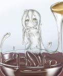  1girl ahoge blush breasts closed_mouth grey_eyes grey_hair grey_skin hair_between_eyes heart in_bowl in_container kixyuresu long_hair looking_at_viewer medium_breasts minigirl monster_girl navel nude original slime_girl smile solo spoon transparent 