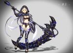  1girl armor black_gloves blue_pupils breasts cleavage gloves greaves holding holding_scythe holding_weapon hood hood_up huge_weapon kyo_niku long_hair navel number original parted_lips pauldrons scythe shadow shoulder_armor slit_pupils smile solo vambraces very_long_hair weapon white_hair yellow_eyes zipper zipper_pull_tab 