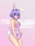  1girl :x animal_ears apron apron_tug artist_name ass blush breasts bunny_ears bunny_girl bunny_hair_ornament bunny_tail cleavage cowboy_shot gradient gradient_background hair_ornament hairband lavender_background looking_at_viewer naked_apron original pennylessmac pink_eyes purple_background purple_hair short_hair sideboob solo tail thighs 