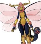  animal_humanoid antennae_(anatomy) arm_tuft arthropod arthropod_abdomen arthropod_abdomen_genitalia arthropod_humanoid bite biting_lip blue_body breasts exoskeleton female genitals hair hi_res humanoid insect insect_humanoid insect_wings looking_at_viewer multicolored_body neck_tuft nipples non-mammal_breasts pink_eyes pink_hair simple_background small_breasts small_waist solo standing syvaron thigh_gap tuft wings wrist_tuft yellow_body 