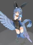  1girl animal_ears bare_shoulders bird_ears bird_legs bird_tail bird_wings blue_feathers blue_hair blue_wings blush bunny_ears choker digitigrade eyebrows_visible_through_hair fake_animal_ears feathered_wings feathers grey_eyes harpy head_feathers highres leotard monster_girl open_mouth original raised_eyebrow rnd.jpg solo talons winged_arms wings 