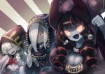  3girls :d absurdres bandages bandages_over_eyes black_hair bow bowtie breasts covered_eyes dress drill_hair fangs grey_skin hair_over_one_eye hand_up hat highres hood hood_up hooded_robe kuda_(okame_nin) large_breasts looking_at_viewer multicolored_hair multiple_girls no_mouth no_pupils okame_nin one_eye_covered open_mouth original purple_skin red_hair red_neckwear robe sharp_teeth smile streaked_hair striped striped_background teeth tentacles twin_drills upper_teeth white_hair yellow_eyes 