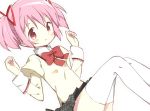  1girl arms_at_sides black_skirt blush_stickers breasts clenched_hands dot_nose dutch_angle expressionless eyebrows_visible_through_hair feet_out_of_frame floating_hair hair_between_eyes hair_ribbon hands_up high_collar highres juliet_sleeves kaname_madoka knees_together_feet_apart light_blush long_sleeves looking_at_viewer mahou_shoujo_madoka_magica mitakihara_school_uniform neck_ribbon parted_lips pink_eyes pink_hair plaid plaid_skirt pleated_skirt puffy_sleeves red_ribbon ribbon school_uniform shaded_face shiny shiny_hair short_twintails sidelocks simple_background skirt small_breasts solo thighhighs thighs tsubaki_(tatajd) twintails uniform white_background white_legwear zettai_ryouiki 