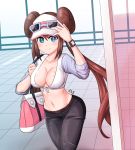  1girl airport artist_name bag bangs belt black_pants blue_eyes blue_sleeves blush breasts brown_belt brown_hair cleavage collarbone commentary_request cowboy_shot crop_top double_bun eld_(ljhlee12) eyewear_on_headwear groin hair_between_eyes hand_up handbag hat holding_strap indoors korean_commentary large_breasts long_hair looking_at_viewer midriff navel pants pokemon pokemon_(game) pokemon_bw2 raglan_sleeves rosa_(pokemon) shirt sidelocks smile solo standing sunglasses tied_shirt tile_floor tiles twintails very_long_hair visor_cap walking watch white_shirt window wristwatch 