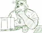  2020 anthro clothing computer cup eyewear glasses green_and_white kemono laptop male mammal monochrome overweight overweight_anthro overweight_male shirt sitting sketch solo tokyo_afterschool_summoners topwear ursid video_games volos yaki_atsuage 
