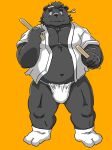  2020 anthro asian_clothing black_body black_fur black_nose bulge clothing east_asian_clothing fundoshi fur hanakatsuo10 happi_(clothing) hi_res humanoid_hands japanese_clothing kemono male mammal simple_background slightly_chubby solo underwear ursid yellow_background 