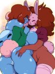  &lt;3 2020 3:4 amber_eyes anthro anus barely_visible_genitalia barely_visible_pussy big_breasts blue_body blue_fur bottomless breasts brown_body brown_fur brown_hair butt butt_grab cleavage clothed clothing collar curvy_figure deedine_(geeflakes) digital_media_(artwork) duo eyes_closed female freckles fur geeflakes geeflakes_(character) genitals grope hair hand_on_butt heart_nose hi_res lagomorph legwear leporid looking_back mammal multicolored_hair partially_clothed pink_nose pussy rabbit simple_background slightly_chubby sweater thick_thighs topwear two_tone_hair voluptuous watermark wide_hips 