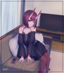  1girl absurdres bangs bare_shoulders black_dress blush bob_cut breasts cellphone contemporary couch dress fate/grand_order fate_(series) highres horns long_sleeves looking_at_viewer oni oni_horns pantyhose phone purple_eyes purple_hair sawarineko short_hair shuten_douji_(fate/grand_order) sitting skin-covered_horns small_breasts smile television 