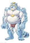  2020 anthro belly blue_body blue_fur bulge bunta_ru clothing felid fur hi_res kemono male mammal musclegut navel nipples overweight overweight_anthro overweight_male pantherine solo tiger underwear white_body white_fur 