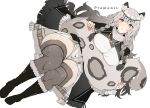  1girl animal_ear_fluff animal_ears arknights asakawa_(outeq) bangs bead_necklace beads black_cape black_footwear boots braid breasts cape character_name dress fur-trimmed_boots fur_trim gradient_hair grey_eyes grey_hair grey_legwear head_chain highres holding holding_tail jewelry large_breasts leopard_ears leopard_tail long_hair long_sleeves multicolored_hair necklace parted_lips pouch pramanix_(arknights) side_braids simple_background sitting solo tail thighhighs thighs turtleneck turtleneck_dress white_background 