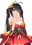  1girl absurdres ahoge arm_up azur_lane bangs bare_shoulders black_hair breasts cleavage cowboy_shot dress eyebrows_visible_through_hair eyelashes hair_between_eyes hair_ornament hair_ribbon highres japanese_clothes large_breasts long_hair looking_at_viewer off_shoulder red_dress red_eyes ribbon simple_background solo taihou_(azur_lane) tming very_long_hair white_background 