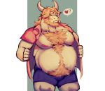  &lt;3 2020 5_fingers aloha_shirt anthro armpit_hair asgore_dreemurr beard belly blonde_hair body_hair bottomwear bovid caprine chest_hair clothed clothing facial_hair fingers fur goat hair happy_trail hi_res humanoid_hands looking_at_viewer male mammal mature_anthro mature_male nipples o_reowoof open_clothing open_shirt open_topwear overweight overweight_anthro overweight_male pink_nipples shirt shorts simple_background solo speech_bubble standing topwear undertale video_games white_body white_fur 