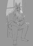  anthro canid canine canis clock clothed clothing coyote echo_project hi_res male mammal open_clothing open_shirt open_topwear shirt solo suspenders tatsune the_smoke_room topwear video_games visual_novel watch william wolf 