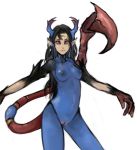  animal_humanoid black_hair blue_body blue_eyes breasts clitoris female genitals hair horn humanoid humanoid_pointy_ears long_hair looking_at_viewer multicolored_body multicolored_eyes navel nipples nude pussy red_eyes scorpion_tail small_breasts solo syvaron 