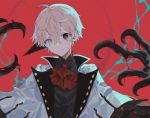  1boy ahoge black_eyes blood claws closed_mouth crack cracked_skin grey_eyes hair_between_eyes highres hinayuri horns liquid male_focus null_(hinayuri) original pink_hair red_background red_neckwear red_pupils single_horn smile solo 