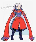  1girl armor black_footwear blue_eyes boots character_request commission copyright_request denaseey dress english_text eyeshadow full_body gloves grey_hair highres index_finger_raised long_hair makeup red_dress red_gloves simple_background solo standing white_background 