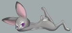  anthro disney female fur grey_background grey_body grey_fur judy_hopps lagomorph leporid looking_at_viewer lying mammal nude on_front purple_eyes rabbit simple_background smile solo terdburgler zootopia 