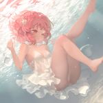  1girl absurdres air_bubble bare_arms bare_legs bare_shoulders barefoot bubble chemise dress dutch_angle flower hair_flower hair_ornament highres madaragi ocean one_eye_closed original panties pink_hair red_eyes short_hair solo spaghetti_strap submerged underwater underwear water white_dress white_panties 