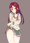  1girl 38-21 ass_visible_through_thighs blue_panties blush brown_background finger_to_mouth long_hair love_live! love_live!_school_idol_project love_live!_sunshine!! panties red_x sakurauchi_riko school_uniform self_exposure serafuku shushing skirt skirt_lift smile solo thighs underwear yellow_eyes 