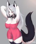  absurd_res anthro bodily_fluids breasts canid canid_demon canine canis clothed clothing collar demon female fur hair hellhound helluva_boss hi_res looking_at_viewer loona_(vivzmind) mammal ranadi red_sclera simple_background solo spikes white_body white_fur 