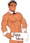  1boy abs bara bare_chest black_hair blush bow bowtie chest covering covering_crotch cowboy_shot detached_collar gondom highres male_focus muscle navel navel_hair nipples nude original short_hair sideburns solo thighs white_background wrist_cuffs 
