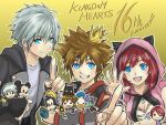 1girl 2boys blue_eyes breasts brown_hair cleavage closed_mouth donald_duck fingerless_gloves gloves goofy heartless jewelry kairi_(kingdom_hearts) keyblade kingdom_hearts kingdom_hearts_i kingdom_hearts_iii looking_at_viewer medium_hair mickey_mouse multiple_boys necklace nyamsas15 open_mouth red_hair riku silver_hair smile sora_(kingdom_hearts) spiked_hair 