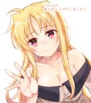  1girl bare_shoulders blonde_hair blush breasts brown_dress cleavage collarbone commentary_request dress fate_testarossa large_breasts long_hair looking_at_viewer lyrical_nanoha mahou_shoujo_lyrical_nanoha_strikers off-shoulder_dress off_shoulder red_eyes smile solo toax2017 translation_request upper_body waving white_background 