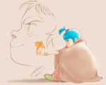  1girl absurdres aobito_sukayaka_bystander blue_hair brown_cloak cloak flower green_footwear hair_bobbles hair_ornament highres holding holding_flower jiron_amos profile rag_uralo sentou_mecha_xabungle simple_background sitting smile thick_eyebrows wristband 