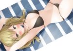  1girl armpits arms_up bang_dream! bare_arms bare_shoulders bikini black_bikini blonde_hair blush breasts cleavage closed_mouth collarbone frown hair_ornament halterneck highres ichigaya_arisa komomo_(ptkrx) large_breasts long_hair looking_at_viewer lying navel on_back solo stomach string_bikini striped swimsuit thighs twintails v-shaped_eyebrows x_hair_ornament yellow_eyes 