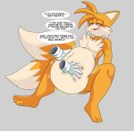  abdominal_bulge anthro belly_rub blush canid canine digestion disembodied_hand duo english_text fox foxynoms hi_res male mammal miles_prower nude sonic_the_hedgehog_(series) speech_bubble text vore 