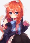 1girl animal_ears bangs beniko_(ymdbnk) black_coat blue_bow blush bow braid brown_hair cat_ears cat_girl cat_tail coat commentary_request dress eyebrows_visible_through_hair flying_sweatdrops frilled_dress frills grey_background hair_between_eyes hair_over_shoulder hands_up highres hood hood_down hooded_coat kemonomimi_mode long_hair long_sleeves parted_lips princess_connect! princess_connect!_re:dive purple_eyes simple_background sleeves_past_wrists solo tail tail_raised twin_braids white_dress yuni_(princess_connect!) 