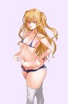  1girl asanagi bikini blonde_hair commentary_request denim denim_shorts fang feet_out_of_frame flat_chest hand_on_hip highres lips long_hair looking_at_viewer micro_bikini micro_shorts navel no_panties open_fly original parted_lips pointing red_eyes shorts skindentation swimsuit thighhighs twintails white_legwear 
