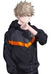  1boy bakugou_katsuki bangs black_hoodie boku_no_hero_academia closed_mouth commentary_request eyebrows_visible_through_hair hand_in_pocket hand_on_own_chin hand_up hood hood_down hoodie long_sleeves looking_to_the_side male_focus nike pants quwo red_eyes short_hair simple_background solo spiked_hair upper_body white_background yellow_hoodie 