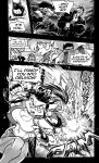  action_pose anthro breasts canid canine canis cleavage clothed clothing comic daigaijin dialogue domestic_dog english_text felid female fox fur furryfight_chronicles gantus_(furryfight_chronicles) group hair hi_res kalita_(furryfight_chronicles) leyline_(furryfight_chronicles) lion male mammal midriff monochrome pantherine pose shirt tank_top text topwear 