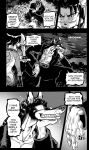  anthro baseball_bat bat_(object) canid canine canis clothed clothing comic daigaijin dialogue dipstick_tail domestic_dog english_text felid female fox fur furryfight_chronicles gantus_(furryfight_chronicles) group hair hi_res kalita_(furryfight_chronicles) leyline_(furryfight_chronicles) lion male mammal monochrome multicolored_tail pantherine text 