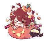  &gt;_&lt; 1girl :d ahoge animal_ear_fluff animal_ears bangs bell bow brown_hair brown_kimono candy_wrapper cat cat_ears checkerboard_cookie chibi closed_eyes cookie eyebrows_visible_through_hair fang flot food hair_bell hair_bow hair_ornament halloween halloween_basket ichihime japanese_clothes jingle_bell kimono long_sleeves mahjong_soul open_mouth red_bow simple_background smile solo star_(symbol) stitches white_background wide_sleeves xd 