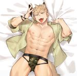  1boy abs animal_ear_fluff animal_ears bara bare_chest beige_shirt blonde_hair bulge camouflage camouflage_print chest cowboy_shot dog_boy dog_ears dog_tail gondom highres jockstrap lying male_focus muscle navel navel_hair nipples on_back original short_hair sideburns solo spiked_hair spread_legs tail thick_thighs thighs tongue tongue_out underwear undressing yellow_eyes 